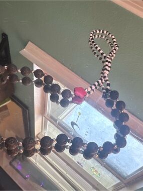 Black Lava Bead Necklace with Pink Flower Accent - Women Jewelry
